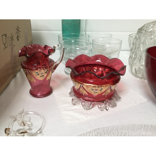 36 - 3 BOXES OF GLASSWARE TO INCLUDE 2 PIECES OF VICTORIAN CRANBERRY GLASS ETC