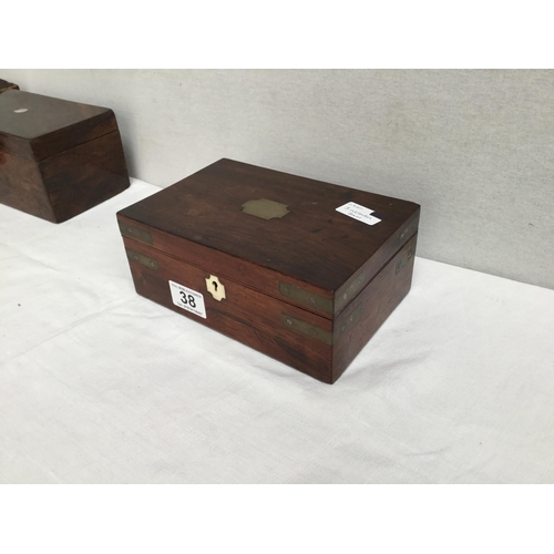 38 - VICTORIAN INLAID JEWELLERY BOX AND 2 ROSEWOOD BOXES