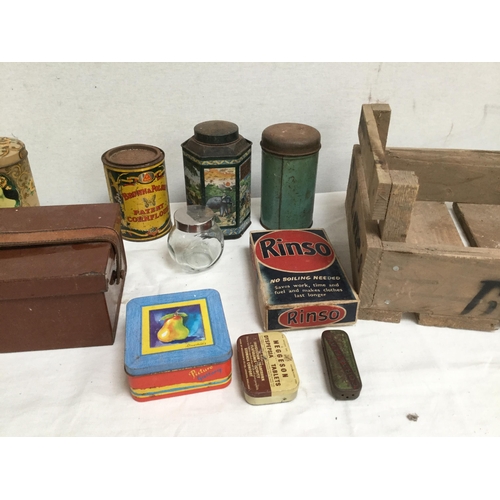 44 - BOX OF COLLECTABLES TO INCLUDE DEED TIN, COLLECTABLE ENAMEL TINS ETC