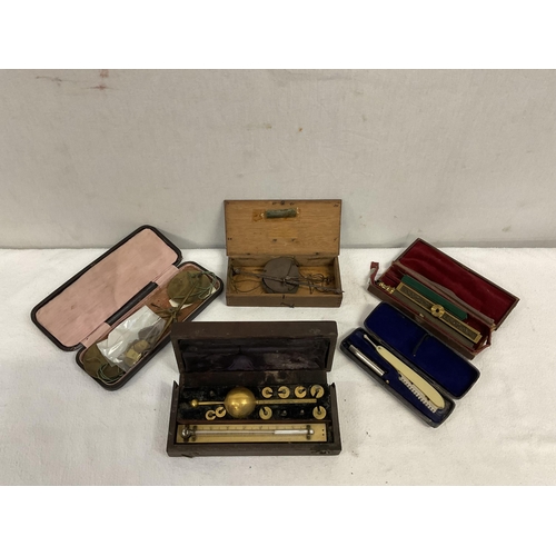 193 - VICTORIAN CASED HYDROMETER, 2 VICTORIAN CASED SCALES, CUT THROAT RAZOR AND CASED SCREEN (ALL A/F)