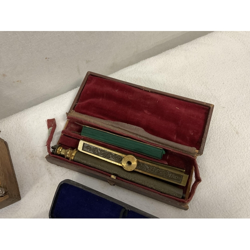 193 - VICTORIAN CASED HYDROMETER, 2 VICTORIAN CASED SCALES, CUT THROAT RAZOR AND CASED SCREEN (ALL A/F)