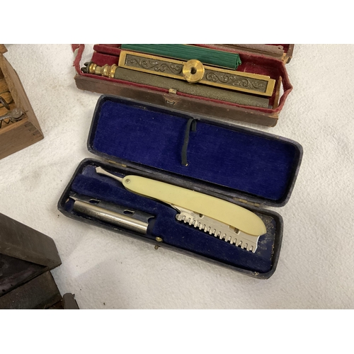 193 - VICTORIAN CASED HYDROMETER, 2 VICTORIAN CASED SCALES, CUT THROAT RAZOR AND CASED SCREEN (ALL A/F)