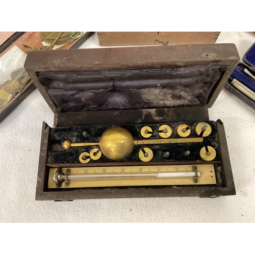 193 - VICTORIAN CASED HYDROMETER, 2 VICTORIAN CASED SCALES, CUT THROAT RAZOR AND CASED SCREEN (ALL A/F)