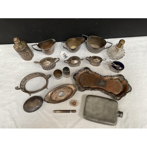 196 - QTY OF HMS AND SILVER PLATED ITEMS TO INCLUDE VICTORIAN PERFUME BOTTLE HIP FLASK ETC