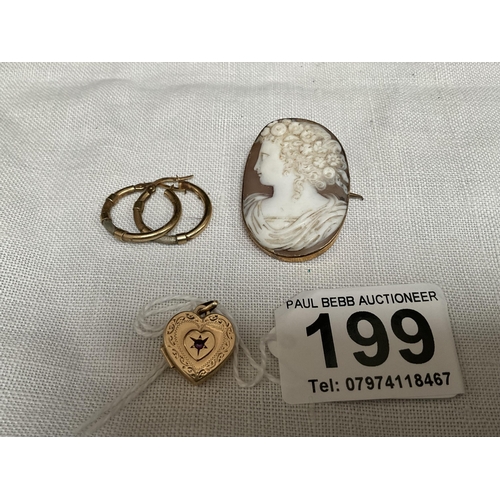 199 - VICTORAIN CAMEO BROOCH, 9CT LOCKET AND A PAIR OF HM 9CT GOLD EARRINGS TOTAL WEIGHT 8.7 G