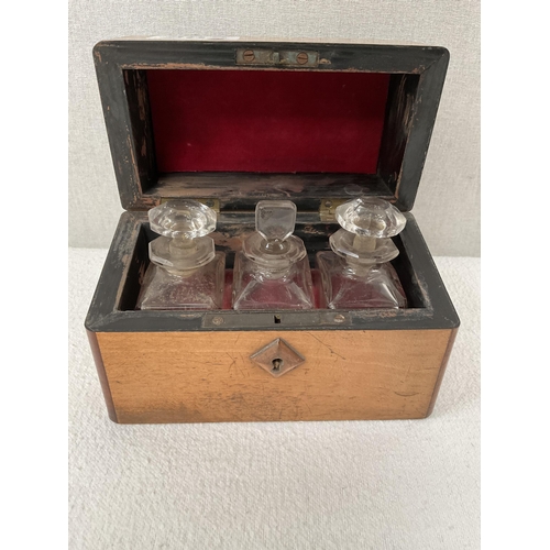 202 - VICTORIAN BOTTLES COMPLETE WITH STOPPERS AND MAHOGANY CASE WITH VINTAGE MEDICINE BOTTLE CASE