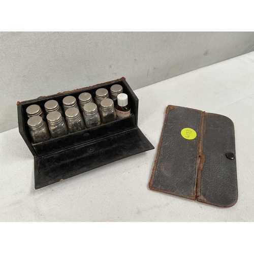 202 - VICTORIAN BOTTLES COMPLETE WITH STOPPERS AND MAHOGANY CASE WITH VINTAGE MEDICINE BOTTLE CASE