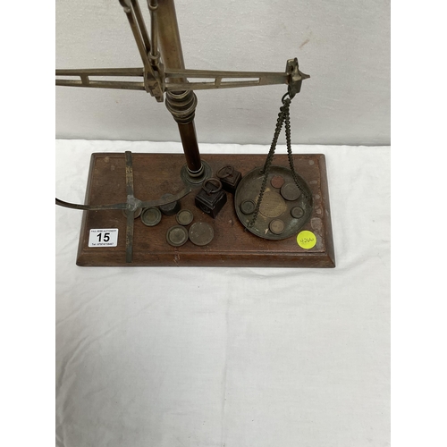 15 - VICTORIAN BRASS SCALES ON MAH BASE WITH WEIGHTS (TRAY MISSING) H 16