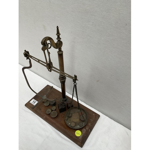 15 - VICTORIAN BRASS SCALES ON MAH BASE WITH WEIGHTS (TRAY MISSING) H 16