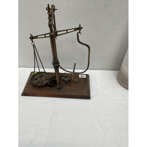 15 - VICTORIAN BRASS SCALES ON MAH BASE WITH WEIGHTS (TRAY MISSING) H 16