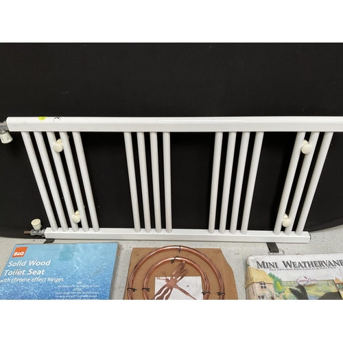 28 - WHITE RADIATOR, COPPER GARDEN SPRINKER FEATURE WITH BUTTERFLY DECORATION, BOXED WEATHER VEIN AND BOX... 