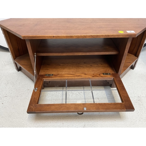 3 - MODERN OAK TV STAND WITH GLAZED PULL DOWN FRONT H 16