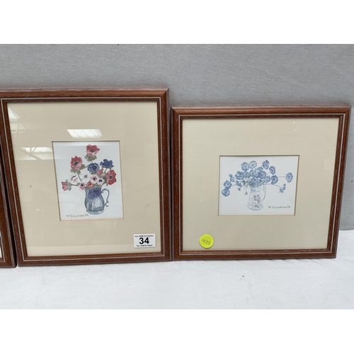 34 - SET OF 4 SIGNED WATER COLOURS (FLOWERS) 11 X 12