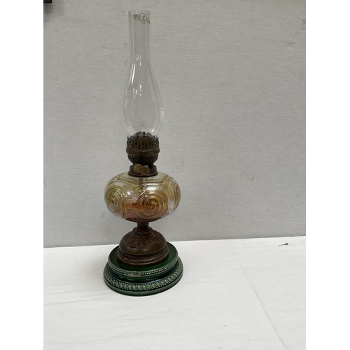 36 - VICT OIL LAMP WITH PORCELAIN BASE AND GLASS BOWL COMPLETE WITH CHIMNEY A/F         H 22