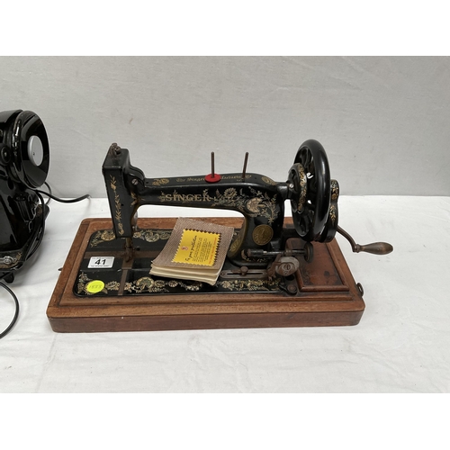 41 - VINTAGE HAND SEWING MACHINE NO TOP AND A VINTAGE ELECTRIC SINGER SEWING MACHINE NO CASE