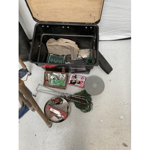 8 - FISHING BOX AND CONTENTS, HOLDALL AND RODS ETC