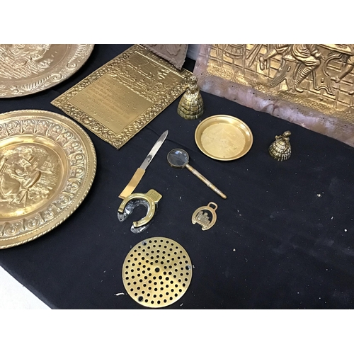 89 - BOX OF BRASS PLAQUES ETC