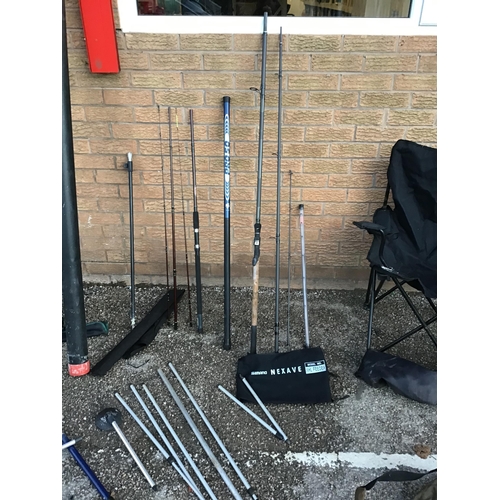 93 - LARGE QTY OF FISHING ITEMS TO INCLUDE SHIMANO/MITCHELL ROD, FEEDER RODS, UMBRELLA, WHIPS, CLOSED FAC... 