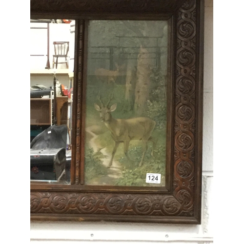 124 - CARVED OAK FRAMED OVER MANTLE MIRROR FLANKED BY STAG PICTURES