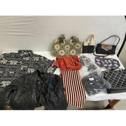 139 - 2 BOXES OF HANDBAGS, CLOTHES ETC