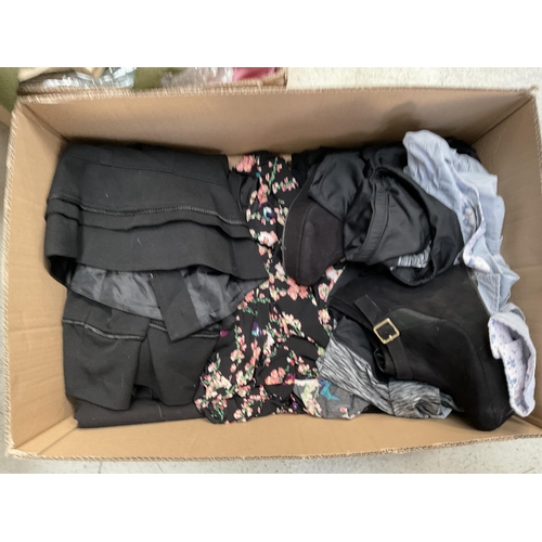 139 - 2 BOXES OF HANDBAGS, CLOTHES ETC