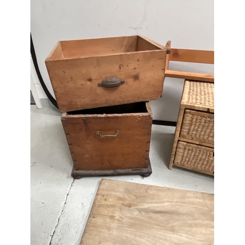 148 - PINE BOX DRAWER WICKER DRAWERS AND A PINE BOOK STAND