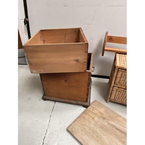 148 - PINE BOX DRAWER WICKER DRAWERS AND A PINE BOOK STAND