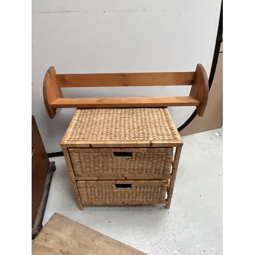 148 - PINE BOX DRAWER WICKER DRAWERS AND A PINE BOOK STAND