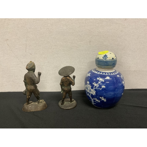 161 - ORIENTAL GINGER JAR WITH COVER AND 2 BRONZE CHINESE FIGURES