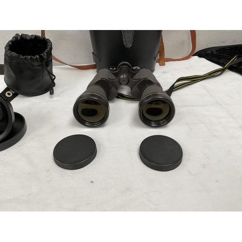 175 - PAIR OF CASED BINOCULARS AND AN OLYMPUS IS-3000 CAMERA AND LENS