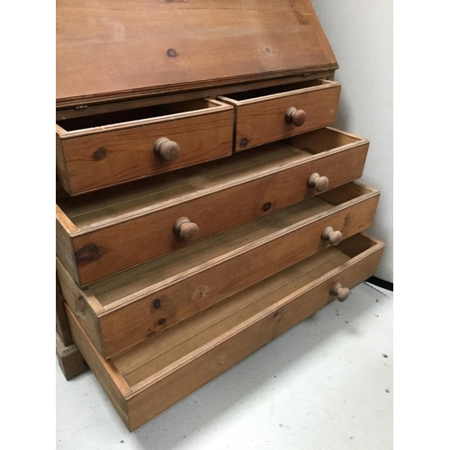 248 - WAXED PINE BUREAU BOOKCASE WITH 2 GLAZED DOORS TO TOP DROP DOWN FLAP WITH FITTED INTERIOR WITH 4 DRA... 