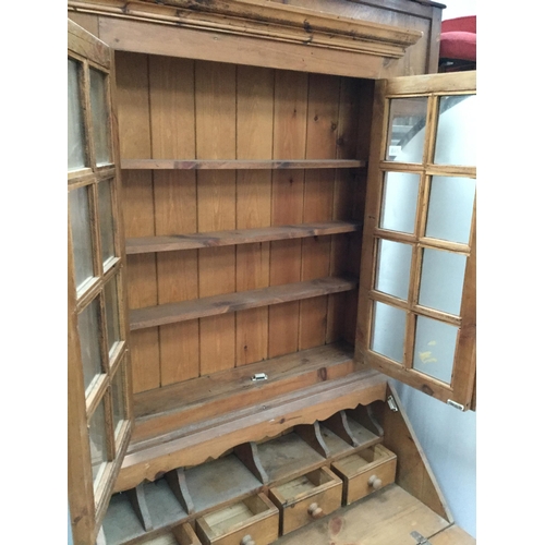 248 - WAXED PINE BUREAU BOOKCASE WITH 2 GLAZED DOORS TO TOP DROP DOWN FLAP WITH FITTED INTERIOR WITH 4 DRA... 