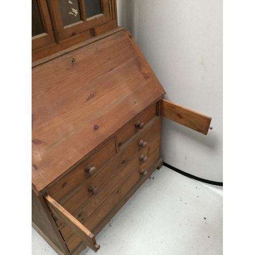 248 - WAXED PINE BUREAU BOOKCASE WITH 2 GLAZED DOORS TO TOP DROP DOWN FLAP WITH FITTED INTERIOR WITH 4 DRA... 