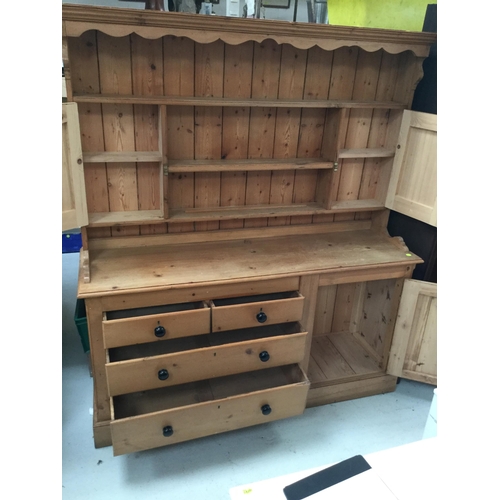 261 - RECLAIMED PINE KITCHEN DRESSER, RACK- WITH SHAPED FREEZE OVER OPEN SHELVES FLANKED BY 2 PANELLED DOO... 