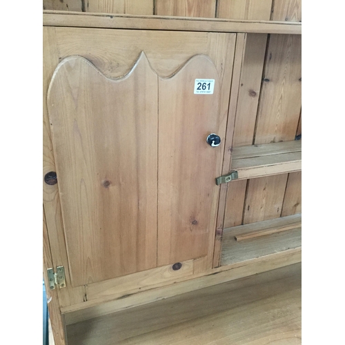 261 - RECLAIMED PINE KITCHEN DRESSER, RACK- WITH SHAPED FREEZE OVER OPEN SHELVES FLANKED BY 2 PANELLED DOO... 