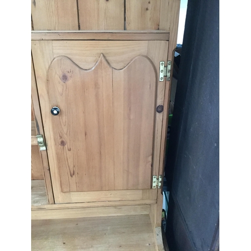 261 - RECLAIMED PINE KITCHEN DRESSER, RACK- WITH SHAPED FREEZE OVER OPEN SHELVES FLANKED BY 2 PANELLED DOO... 