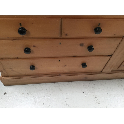 261 - RECLAIMED PINE KITCHEN DRESSER, RACK- WITH SHAPED FREEZE OVER OPEN SHELVES FLANKED BY 2 PANELLED DOO... 