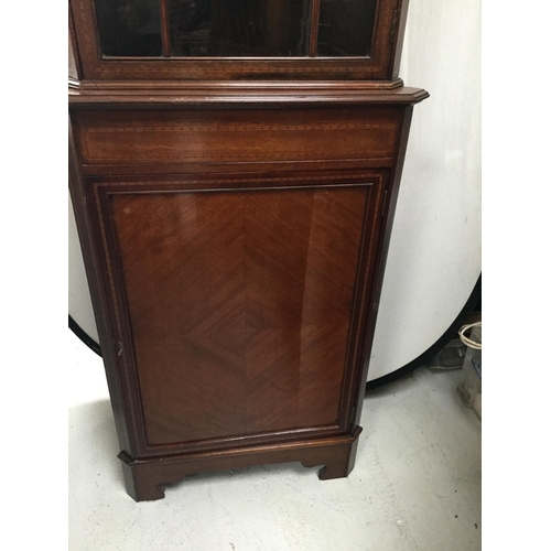 262 - EDWARDIAN MAHOGANY INLAID DOUBLE CORNER CUPBOARD WITH ASTRICAL GLAZED DOOR OVER SINGLE DOOR TO BASE ... 