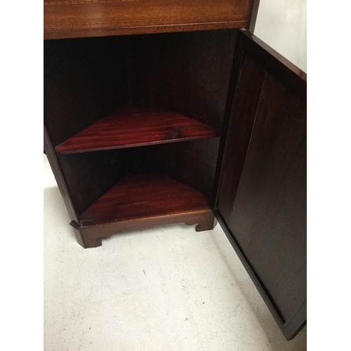 262 - EDWARDIAN MAHOGANY INLAID DOUBLE CORNER CUPBOARD WITH ASTRICAL GLAZED DOOR OVER SINGLE DOOR TO BASE ... 