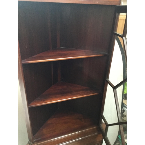 262 - EDWARDIAN MAHOGANY INLAID DOUBLE CORNER CUPBOARD WITH ASTRICAL GLAZED DOOR OVER SINGLE DOOR TO BASE ... 