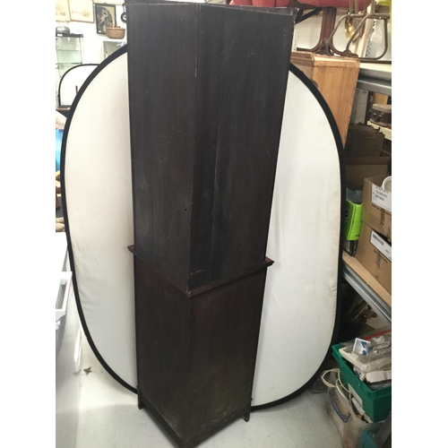 262 - EDWARDIAN MAHOGANY INLAID DOUBLE CORNER CUPBOARD WITH ASTRICAL GLAZED DOOR OVER SINGLE DOOR TO BASE ... 