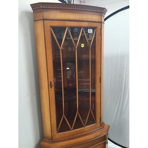 263 - REPRODUCTION GLAZED TOP YEW WOOD CORNER CABINET H 72