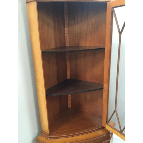 263 - REPRODUCTION GLAZED TOP YEW WOOD CORNER CABINET H 72