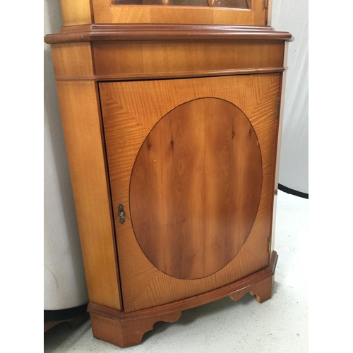 263 - REPRODUCTION GLAZED TOP YEW WOOD CORNER CABINET H 72