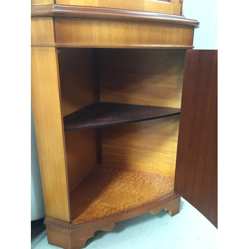 263 - REPRODUCTION GLAZED TOP YEW WOOD CORNER CABINET H 72