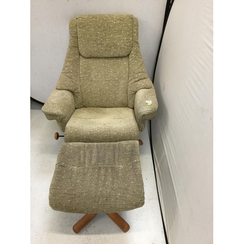 295 - GREEN FABRIC SWIVEL AND RECLINING CHAIR COMPLETE WITH FOOTSTOOL