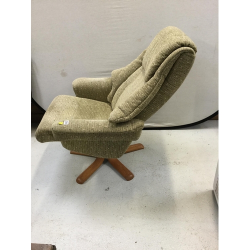 295 - GREEN FABRIC SWIVEL AND RECLINING CHAIR COMPLETE WITH FOOTSTOOL