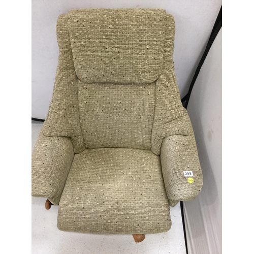 295 - GREEN FABRIC SWIVEL AND RECLINING CHAIR COMPLETE WITH FOOTSTOOL