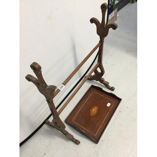 299 - EDWARDIAN INLAID TRAY AND A VICTORIAN TOWEL RAIL FOR RESTORATION