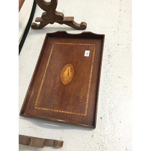 299 - EDWARDIAN INLAID TRAY AND A VICTORIAN TOWEL RAIL FOR RESTORATION